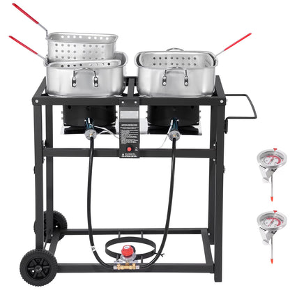 KFFKFF Outdoor Propane Deep Fryer, Dual-Tank 18QT x 2 Commercial Fryer, Portable Frying Cart with Wheels, 3 Baskets, 2 Thermometers, Stainless Steel Cooker for Fish, Wings, and Fries, 40,000 BTU