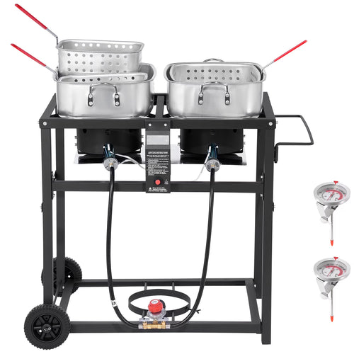 KFFKFF Outdoor Propane Deep Fryer, Dual-Tank 18QT x 2 Commercial Fryer, Portable Frying Cart with Wheels, 3 Baskets, 2 Thermometers, Stainless Steel Cooker for Fish, Wings, and Fries, 40,000 BTU