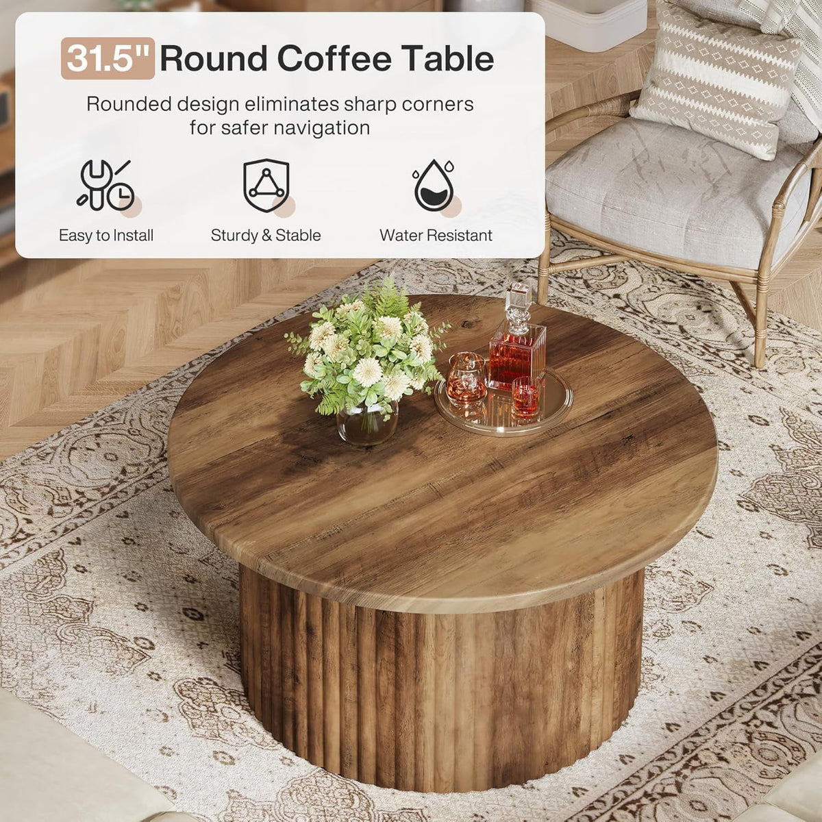 Finmind 31.5" Round Coffee Table, Farmhouse Circle Coffee Table with Metal Base