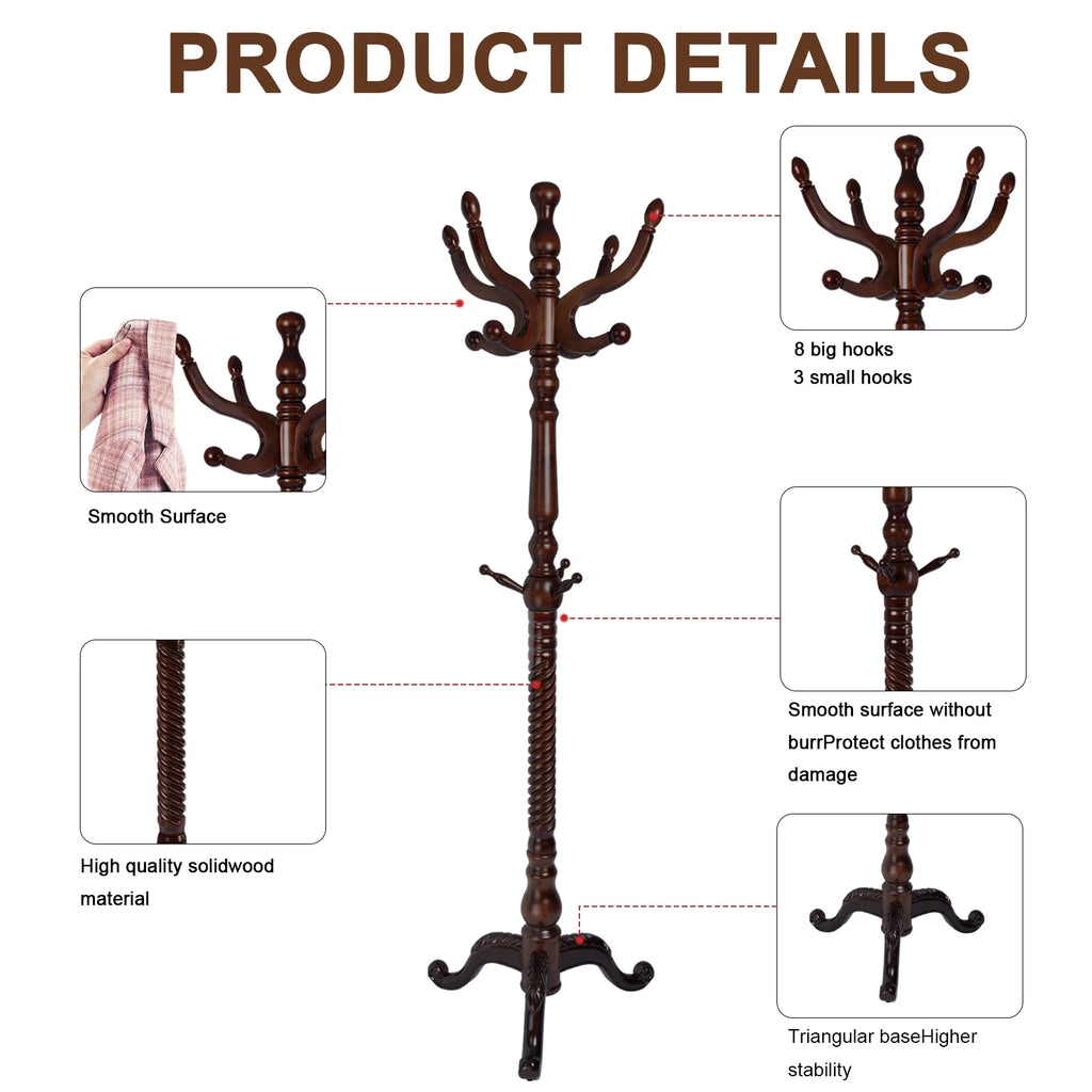 Coat Rack Freestanding, Hall Tree with 11 Hooks, Heavy Duty Wooden Coat Tree Stand, Adjustable Height, Sturdy Base for Bedroom Hallway Office - Load 270lbs