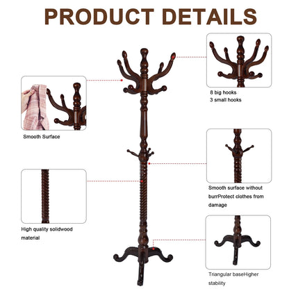 Coat Rack Freestanding, Hall Tree with 11 Hooks, Heavy Duty Wooden Coat Tree Stand, Adjustable Height, Sturdy Base for Bedroom Hallway Office - Load 270lbs