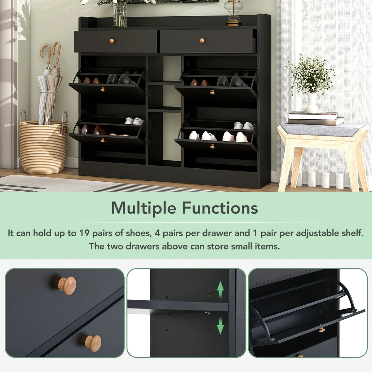 Aukfa Shoe Cabinet with 4 Flip Drawers and 2 Storage Drawers- Black