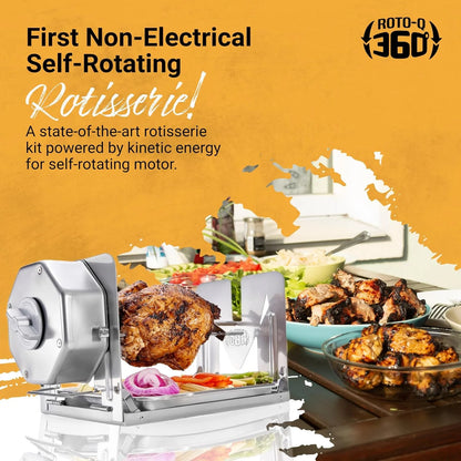 ROTO-Q 360 Cordless Stainless Steel Rotisserie Kit - Non-Electric for Grills, Ovens, BBQ, Smokers - Indoor/Outdoor