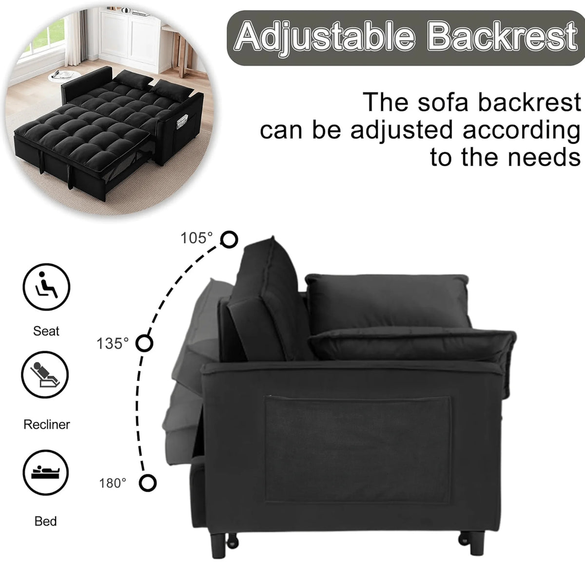 Velvet 3-in-1 Convertible Sofa Bed �C USB Charging, Adjustable Backrest Pull-Out Couch Loveseat Sleeper for Living Room, Apartment & Small Space,Black