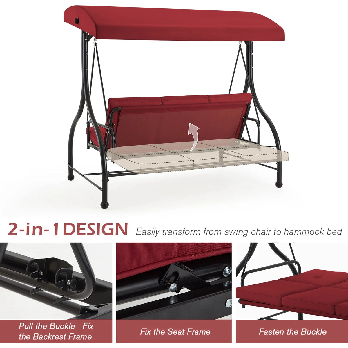 AECOJOY 3 Person Canopy Steel Porch Swing, Converting Swing Glider Hammock-Beige