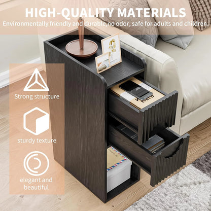Narrow Nightstand Set of 2 with Drawers, Fluted Slim Side End Table with Storage for Small Spaces
