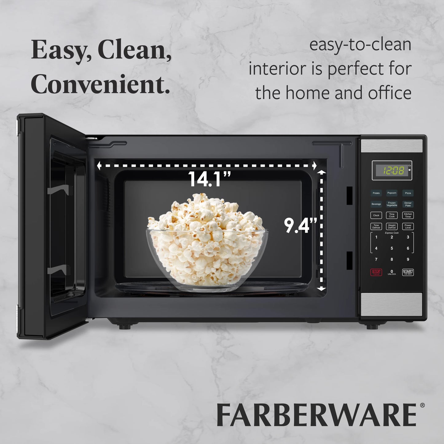 Farberware FMGZ09BKA 0.9 Cu. Ft. Microwave Oven, 900W, Digital Control, LED Display, 6 Cooking Presets, Black