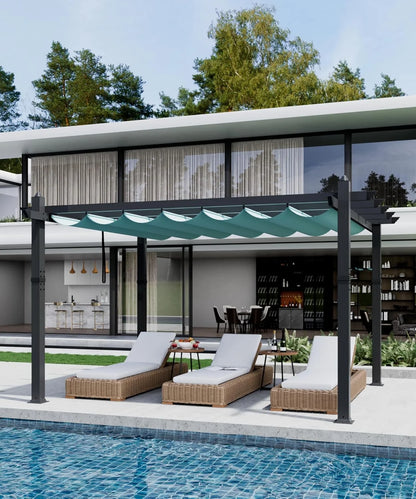 Outdoor Aluminum Pergola with Retractable Canopy, Reinforced 4-Sided Base, Waterproof & UV-Resistant Adjustable Roof, Modern Design for Patio, Deck, Backyard, and Garden