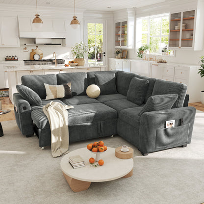 BedLuxury 83" Sectional Sleeper Sofa with Pull Out Bed, L Shaped Couch with Storage Seat for Living Room, Gray
