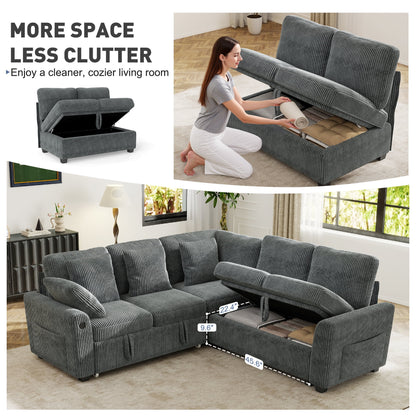 BedLuxury 83" Sectional Sleeper Sofa with Pull Out Bed, L Shaped Couch with Storage Seat for Living Room, Gray