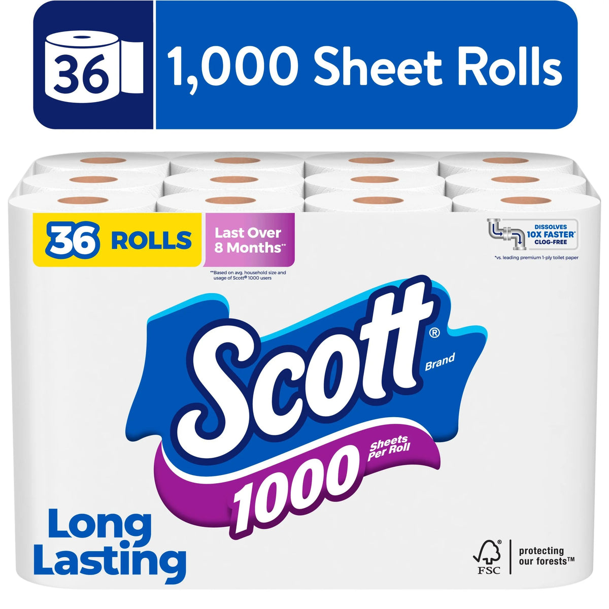 (3 pack) Scott 1000 Toilet Paper, 36 Rolls, 1,000 Sheets per Roll