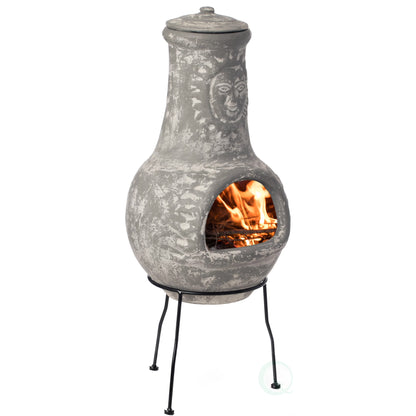 Vintiquewise QI004631.TC Outdoor Clay Chiminea Fireplace Sun Design Wood Burning Fire Pit with Sturdy Metal Stand, Barbecue, Cocktail Party, Cozy Nights Fire Pit, Terra Cotta