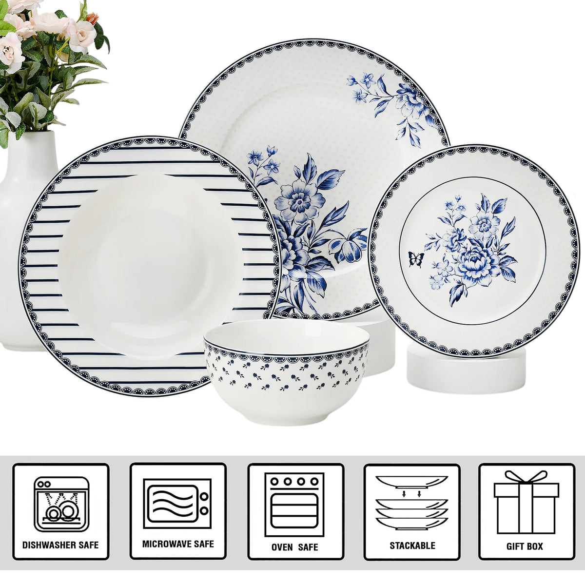STP GOODS Melodie de Fleurs Bone China Dinnerware Set of 24 Service for 6 24-Piece Dish Set of Plates and Bowls, Blue Gold White
