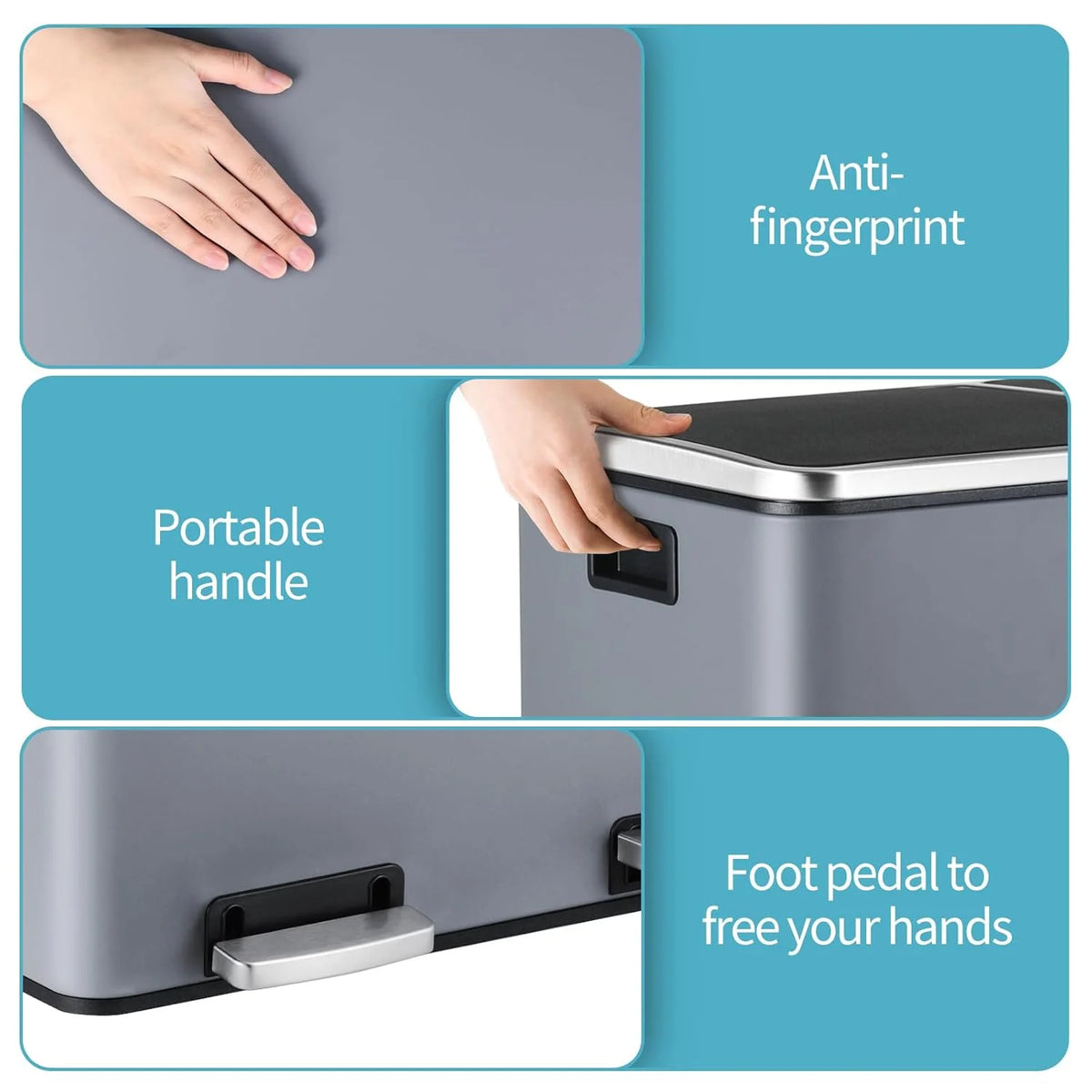 LAZY BUDDY Dual Garbage Can, Stainless Steel 16 Gallon Step Kitchen Trash Can with Soft-Close Lid, Double Compartment Garbage Recycling Bin