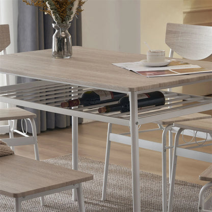 6-Piece Dining Table and Chair Set, Includes 1 Table, 1 Bench and 4 Chairs, Rectangular Kitchen Table and Armless Chairs, Compact Chairs with Curved Backrest for Dining Room