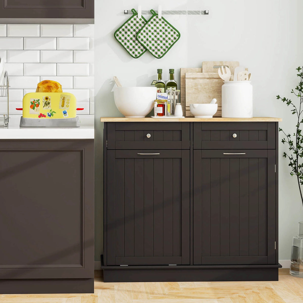 Costway 15.5 Gallon Kitchen Tilt Out Trash Cabinet Rubber Wood Tabletop 2 Drawers Shelf Gray