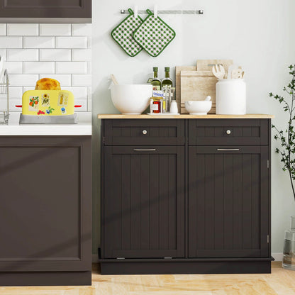 Costway 15.5 Gallon Kitchen Tilt Out Trash Cabinet Rubber Wood Tabletop 2 Drawers Shelf Gray