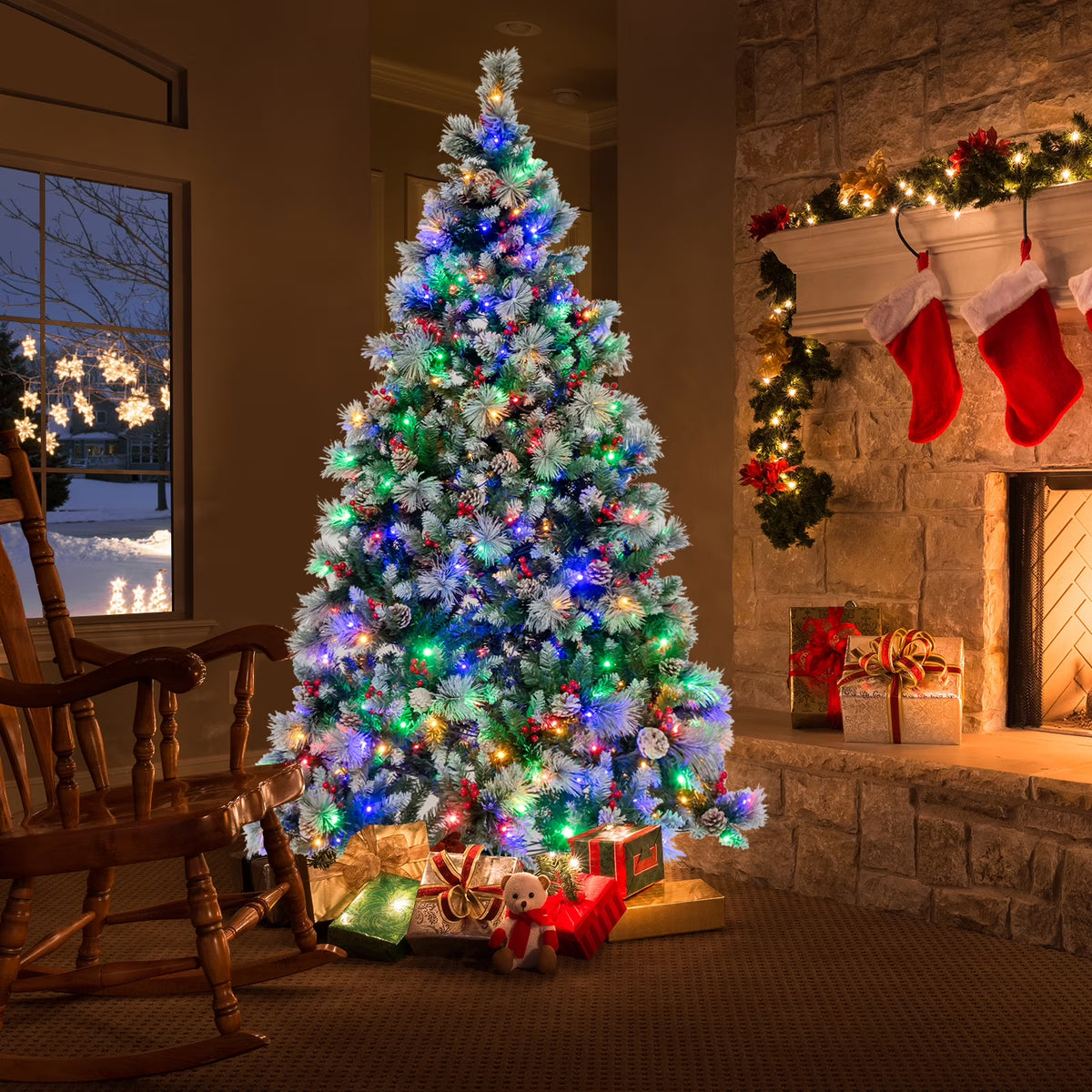 Costway 7 FT Pre-Lit Artificial Christmas Tree Hinged with Pine Needles 400 LED Lights