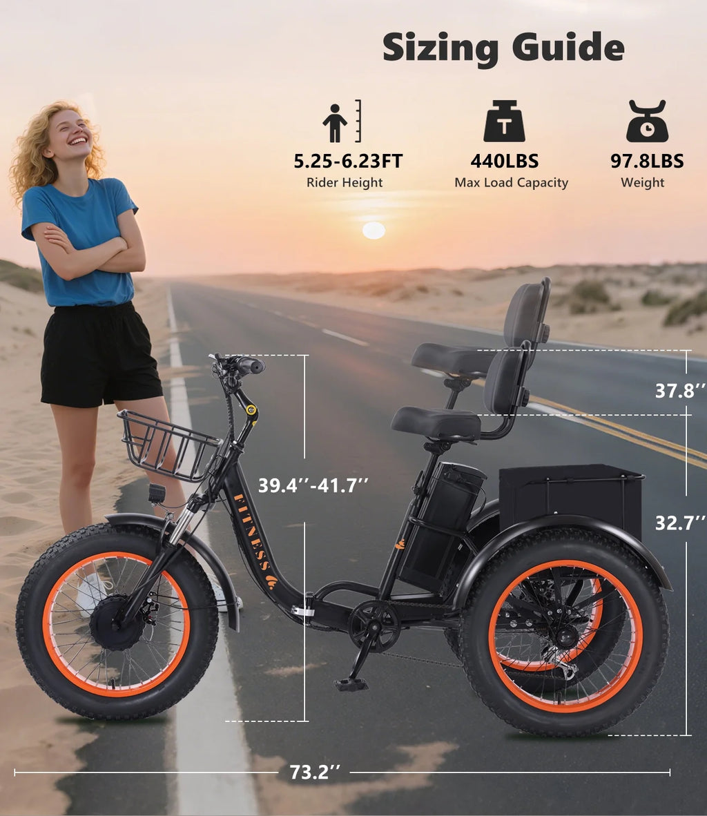 YEBEI Electric Tricycle for Adults Folding E-Trike Motorized Tricycle Electric 3 Wheels Trike Powerful 500W Motor Electric Tricycle 48V15AH Lithium Battery Max 20MPH 20*4.0” Fat Tire Orange