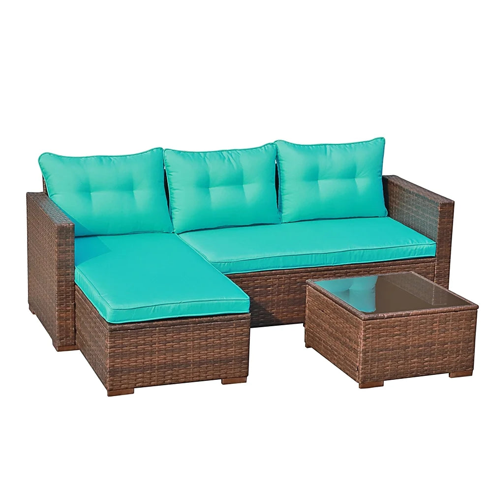3 Piece Patio Furniture Sets,  Outdoor All-Weather Wicker Sectional Sofa Set, Beige