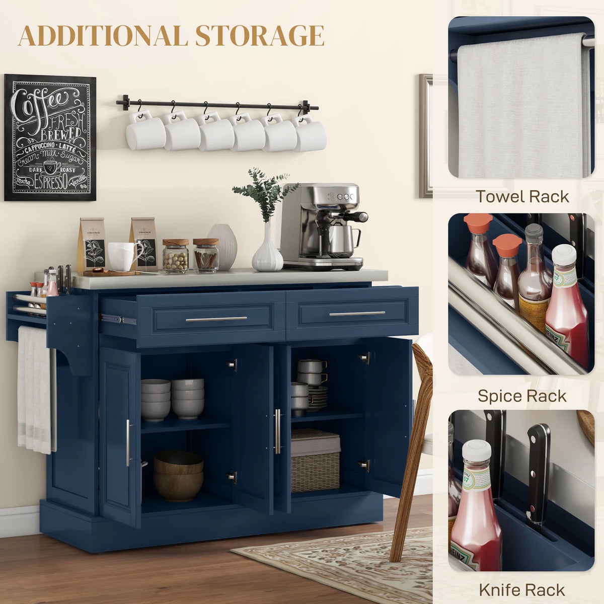 HOMCOM Multi-functional Rolling Kitchen Island Cart with Cabinets and Drawers, Portable Kitchen Storage Cabinet with Spice Rack, Towel Rack, Knife Rack, Steel Top