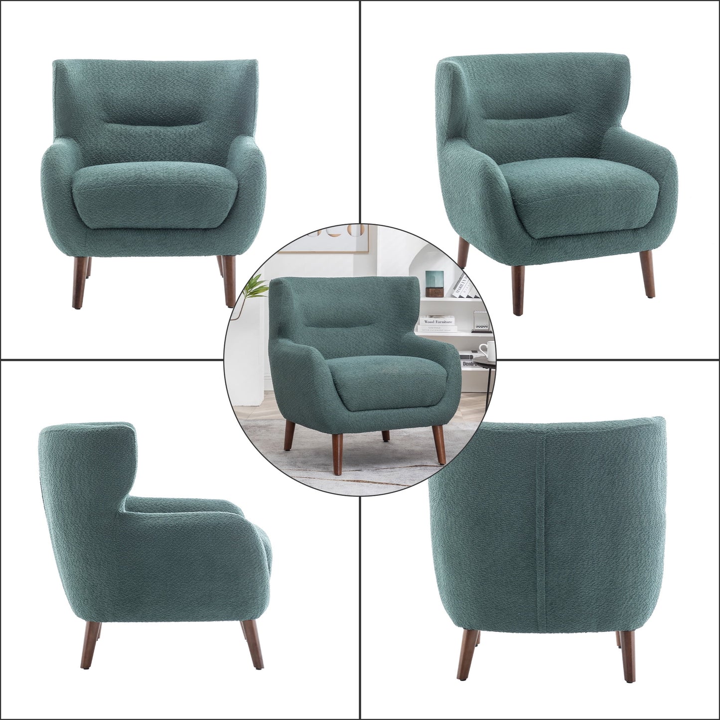 ALEAVIC White Accent Chair Upholstered Armchair with Solid Wood Legs