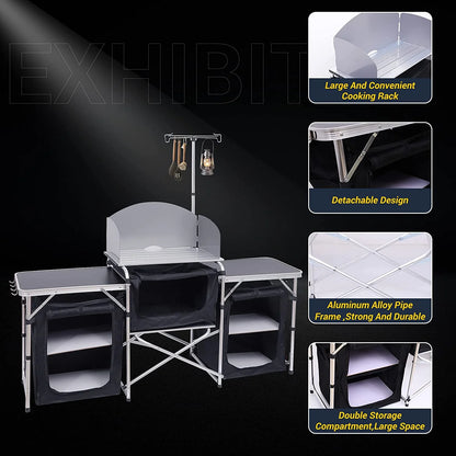 C Camping Kitchen Table, Folding Table, Upgrade Light Stand and Windshield Cooking Station & 3 Organizers, Carry Bag for Outdoor, Beach, BBQ, Picnic, Cooking, Indoor, Office