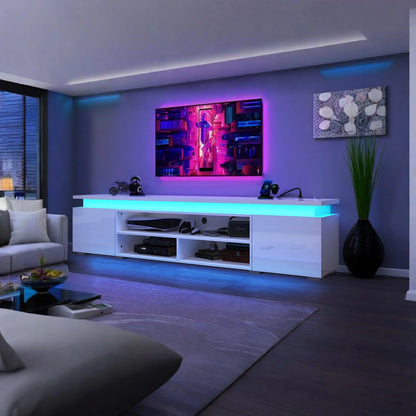 LED TV Stand for up to 85" TVs with Power Outlet, 75" Large Entertainment Center Console Table Gaming Soundbar Shelf with 2 Storage Cabinets