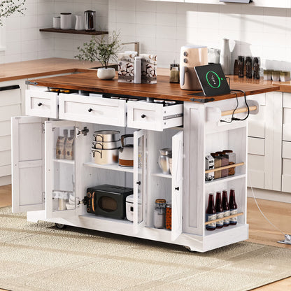 Euroco 53'' Farmhouse Kitchen Island with Two Tempered Glass Cabinet Doors��Rolling Kitchen Cart on Wheels