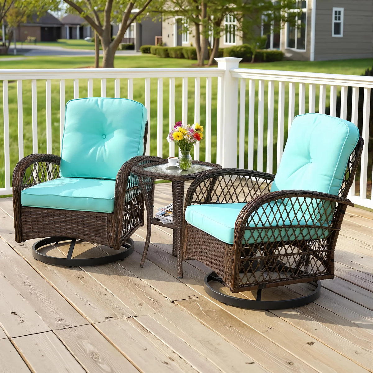 3 Piece Patio Swivel Rocker Chairs Set, 2 360-Degree Swivel Rocking Chairs with 1 Glass Top Table, PE Rattan Outdoor Bistro Set with Cushions for Balcony Deck Poolside Backyard Porch