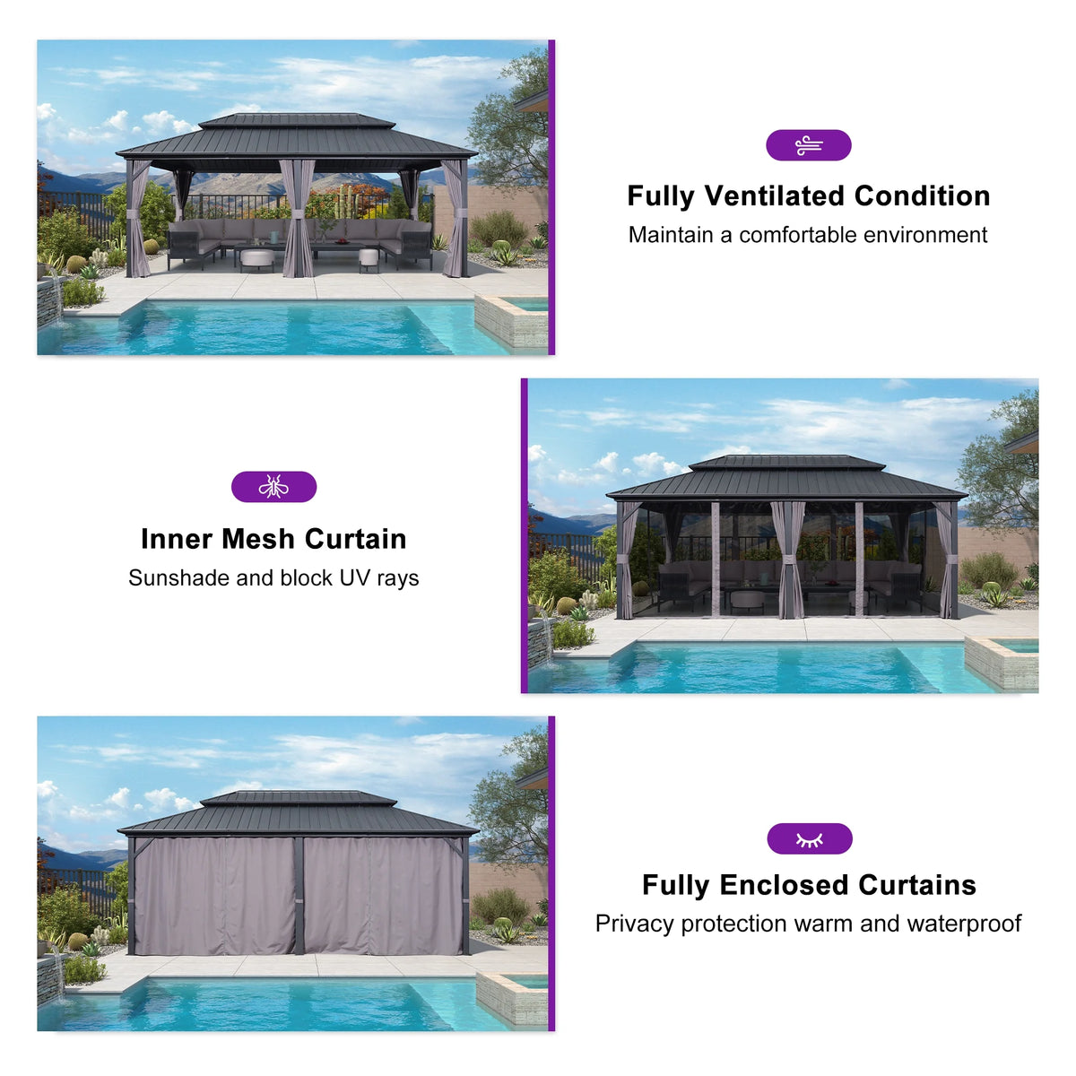 PURPLE LEAF 8' X 8' Gazebo Outdoor Gazebo Permanent Hardtop Gazebo with Galvanized Steel Double Roof for Patio Backyard Deck Aluminum Gazebo with Netting and Curtains Grey