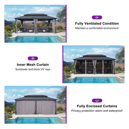 PURPLE LEAF 8' X 8' Gazebo Outdoor Gazebo Permanent Hardtop Gazebo with Galvanized Steel Double Roof for Patio Backyard Deck Aluminum Gazebo with Netting and Curtains Grey