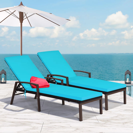 Costway 2PCS Patio Rattan Lounge Chair Chaise Recliner Back Adjustable Cushioned Red