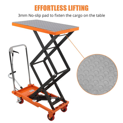 Hydraulic Lift Table Cart - 770 lbs Capacity, Adjustable Up to 59" Lifting Height, Manual Double Scissor Lift Table with 4 Wheels & 3mm Non-Slip Pads for Safe Material Handling & Transport, Orange