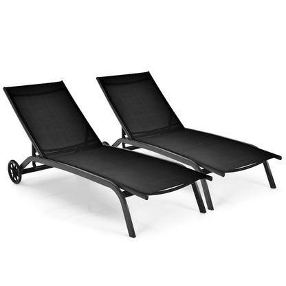 Costway 2PCS Outdoor Adjustable Chaise Lounge Patio 6-Position Recliner Wheels Black