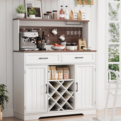 LAFGUR 72" Kitchen Storage Cabinet with Power Outlet & LED Light, Coffee Bar Cabinet with Drawers & Wine Glass Rack,Sideboard for Home,White