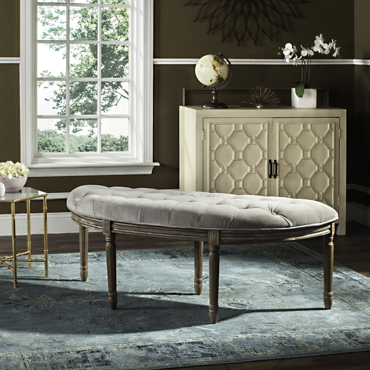 SAFAVIEH Abilene Tufted Rustic Semi Circle Bench, Beige/Rustic Oak