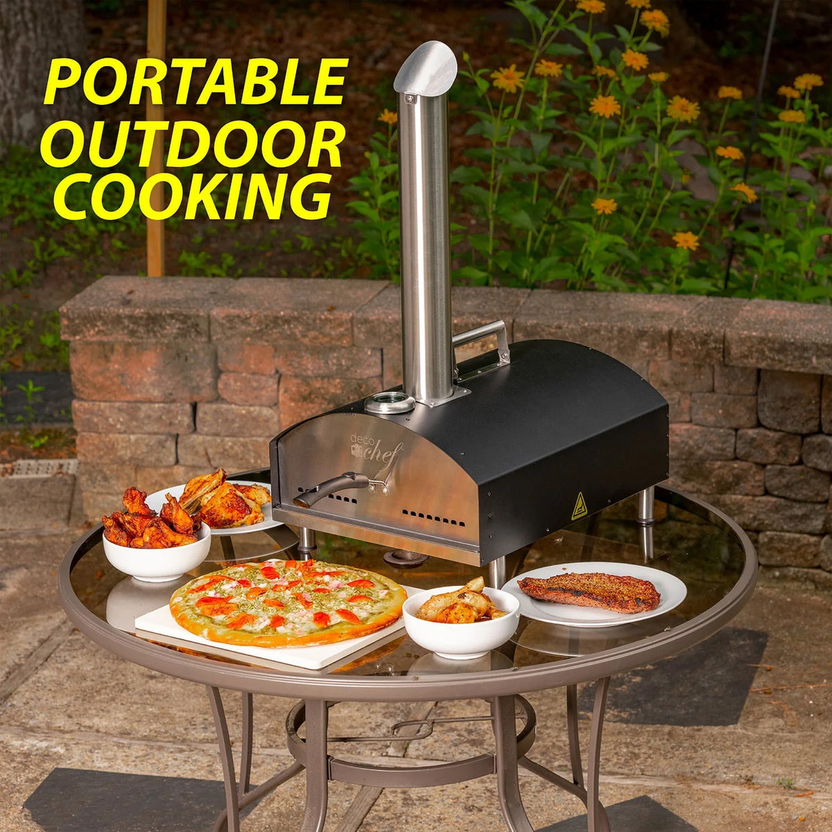 Deco Chef Outdoor Pizza Oven with 2-in-1 Pizza and Grill Oven Functionality, 13" Pizza Stone, Portable Stainless Steel Construction, Pizza Peel, Dough Scraper, Scoop, Slotted Grill (Black)