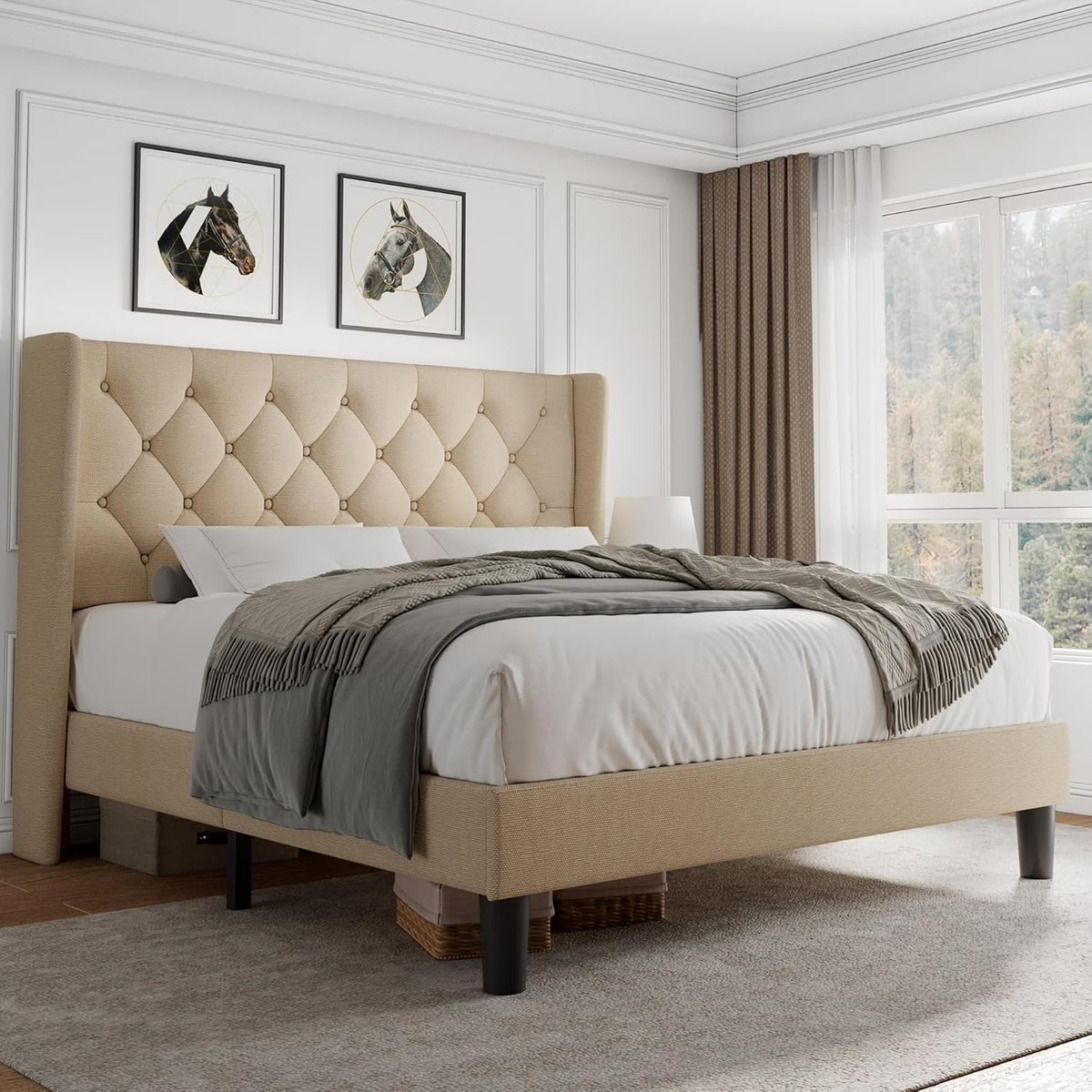 iPormis Full Size Bed Frame with Diamond Button Tufted Wingback Headboard, Upholstered Platform Bed Frame with Strong Wood Slat Support, No Box Spring Needed,Black