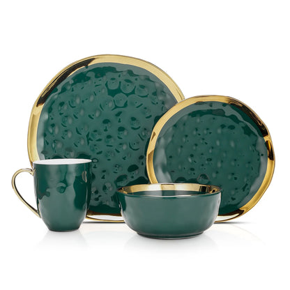 Stone Lain Florian Modern Porcelain Dish Set, 16-Piece Dishes for 4, Gold and Navy