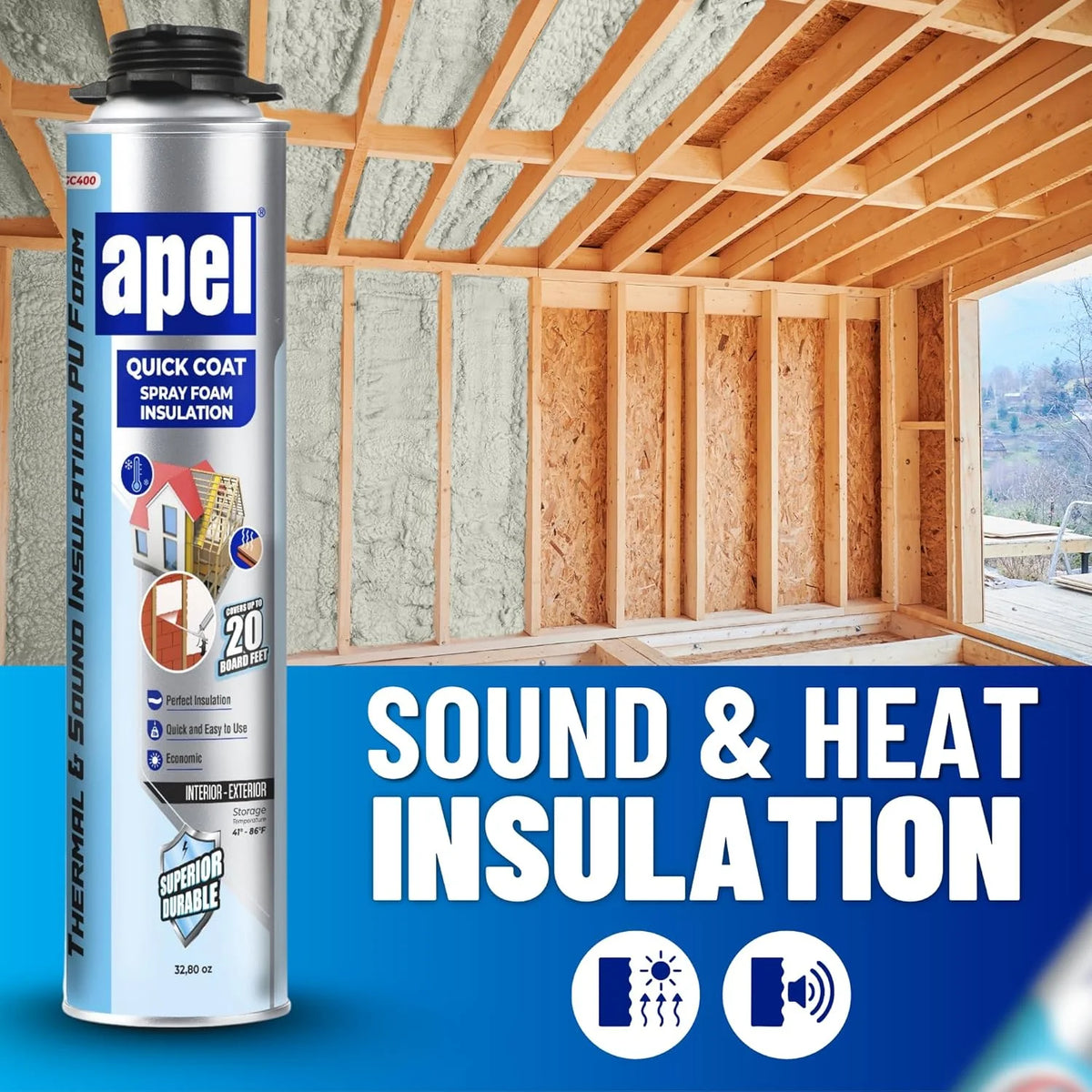 apel Spray Foam Insulation Kit (12 x 32.80 oz./240 Bd ft) Heat and Acoustic Insulation, Self Expanding Polyurethane Foam, Application Gun and Cleaner Included - 12 Pack