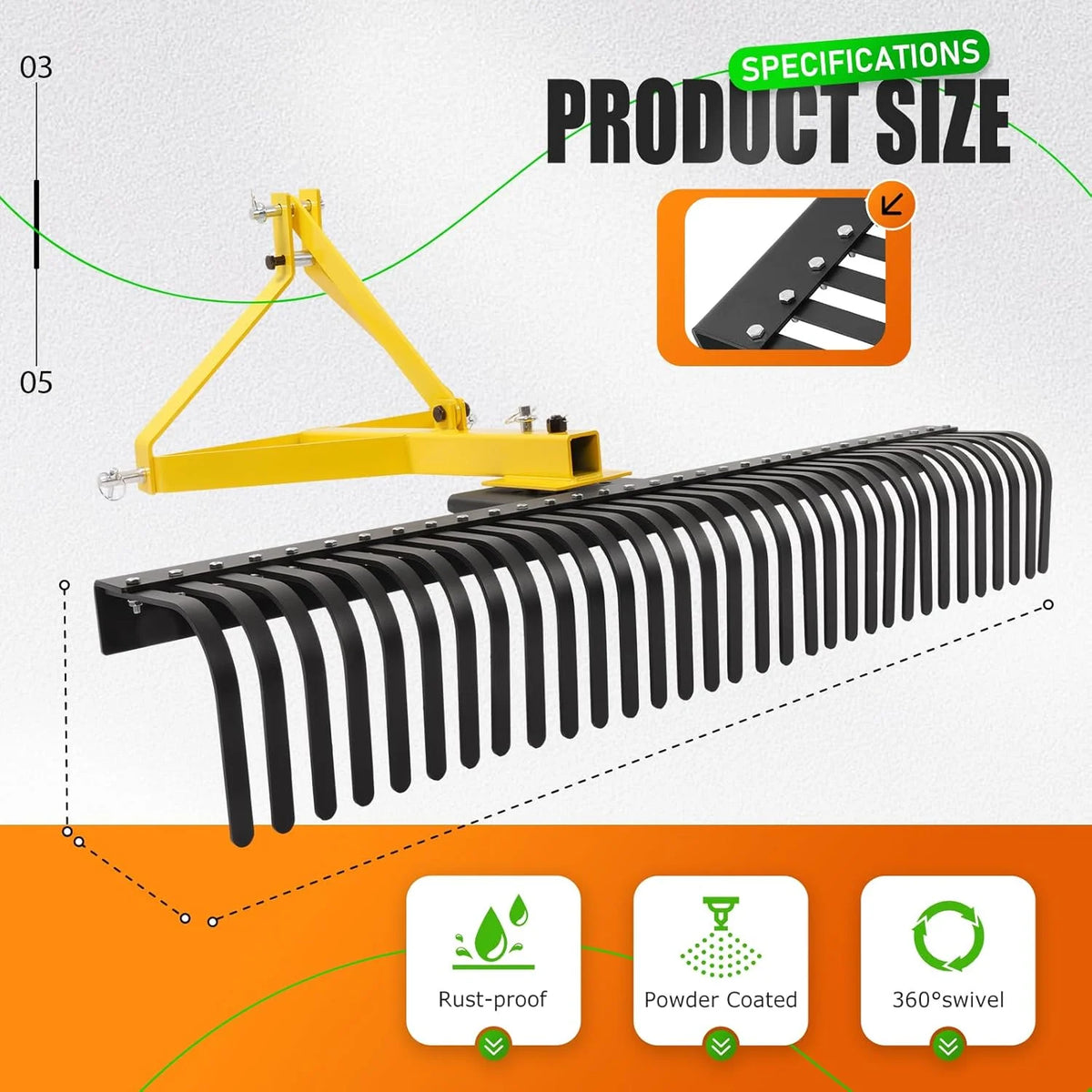 KOJEM 60In Landscape Rake 3 Point Rake 360 Degree Rotation Compatible with Category 1 Cat1 Compact Tractors Tow-Behind Garden Tool for Garden Farm Clearing Brush Raking Arenas 2 Package Yellow
