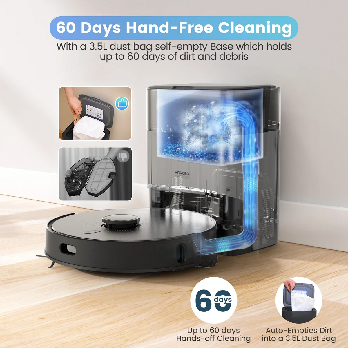 AIRROBO L60+ Self-Empty Robot Vacuum and Mop Cleaner with Ultrasonic Carpet Detection,6000Pa Suction,Laser Obstacle Avoidance,240min Long Runtime