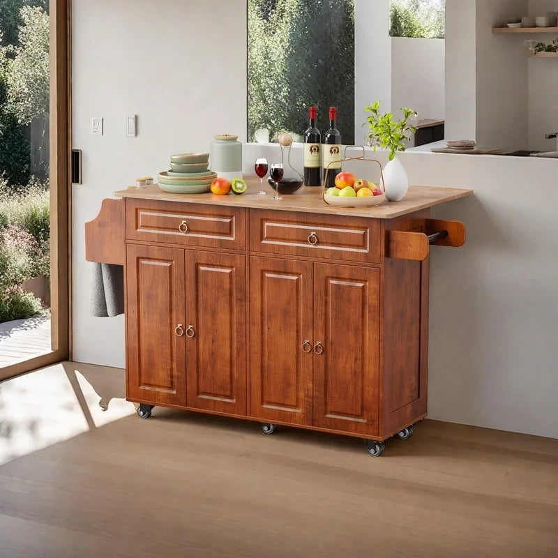 Lofka 52-Inch Kitchen Island with Storage on Wheels with Wood Drop Leaf, Ideal for Small Kitchens