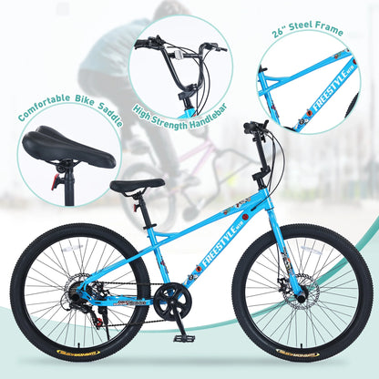 Aukfa 26" Freestyle BMX Bikes,Kids Mountain Bike for Boys Girls,Shimano 7 Speed,Double Disc Brakes,Blue