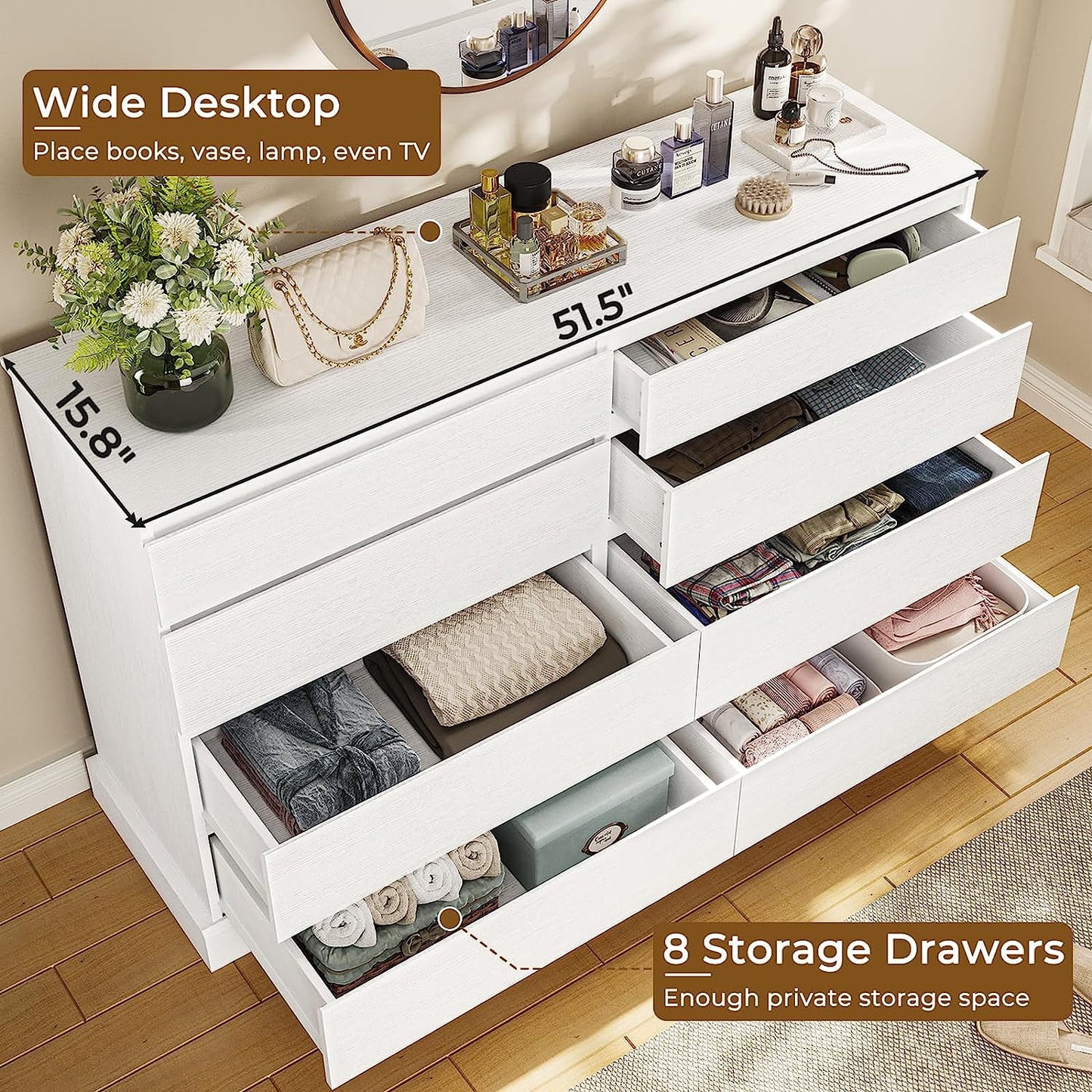 8 Drawers Double Dresser Wooden Black Chest of Drawers for Bedroom, Large Storage Cabinet for Home Living Room