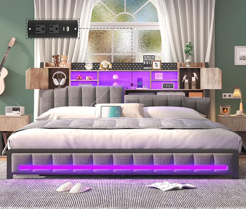 King Size Bed Frame and Bookcase Storage Headboard, LED Upholstered Bed Frame King with Charging Station, Light up King Size Platform Metal Bed Frame, No Box Spring Needed, Charcoal Gray