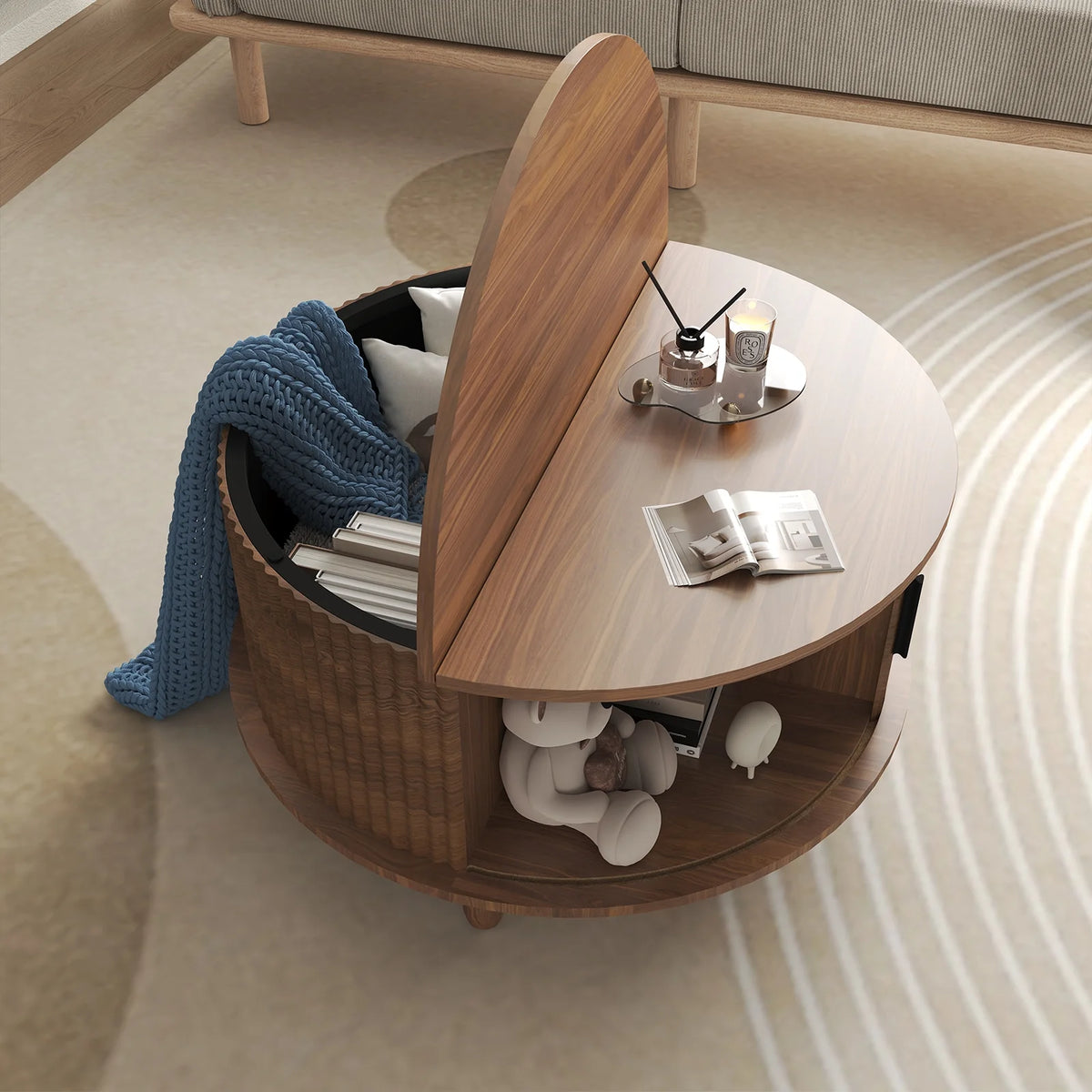 RUMLIVE Round Coffee Table with Storage, 30.7" Modern Coffee Table with 360�� Curved Sliding Door, Fluted Wood Coffee Table with Footpads, Round Center Table for Living Room, Black
