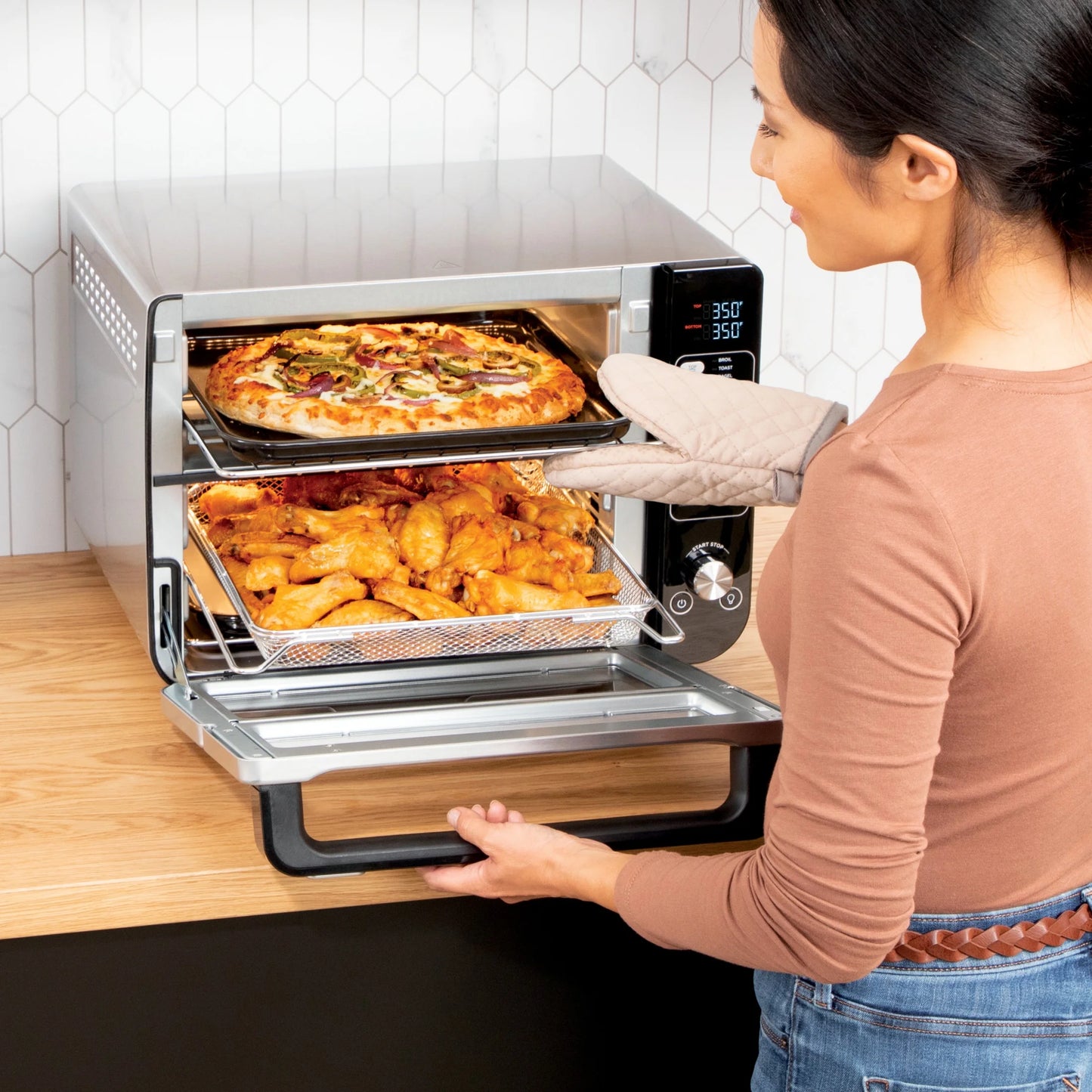 Ninja 10-in-1 Air Fryer, Double Door Toaster Oven with FlexDoor, FlavorSeal & Smart Finish, Rapid Top Convection and Air Fry Bottom, Bake, Toast, Air Fry, Pizza and More, Stainless Steel, DCT400