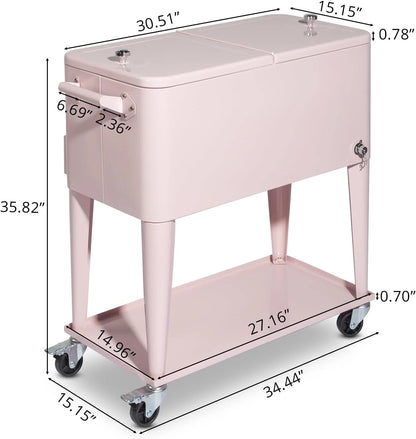 80 Quart Rolling Ice Chest, Portable Bar Drink Cooler with Catch Basin, Bottom Storage Tray and Bottle Opener for Patio Party BBQ Beach Activities